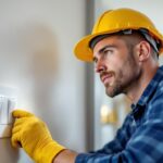 A photograph of a skilled lighting contractor installing a dual light and fan switch in a modern home setting