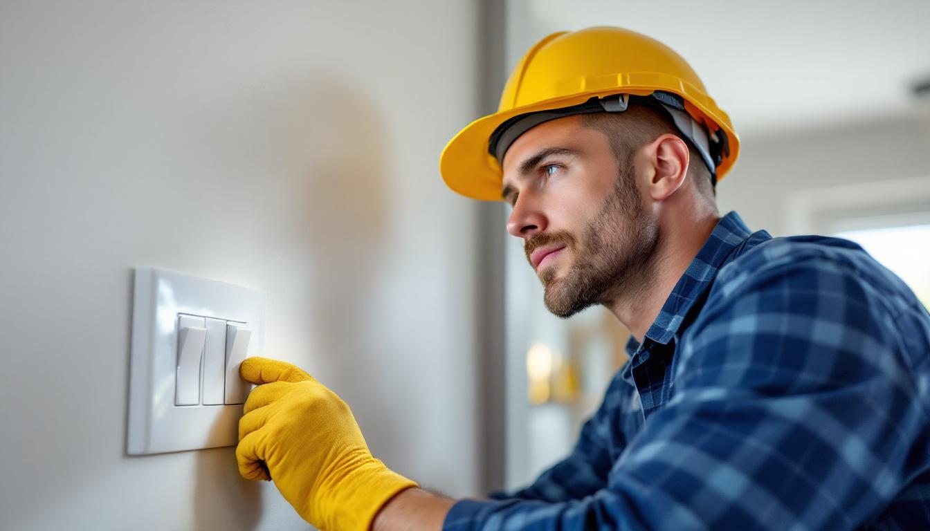 A photograph of a skilled lighting contractor installing a dual light and fan switch in a modern home setting