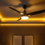 A photograph of a stylish and unique ceiling fan with integrated lighting in a modern living space