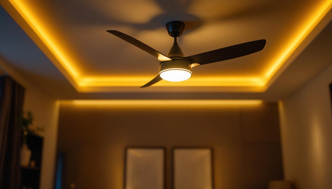 A photograph of a stylish and unique ceiling fan with integrated lighting in a modern living space