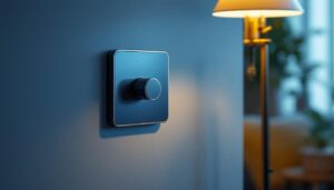 A photograph of a stylishly designed push switch integrated into a modern lamp setup