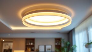 A photograph of a beautifully designed in-ceiling light fixture illuminating a modern interior space