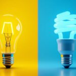A photograph of a side-by-side comparison of led and fluorescent light bulbs