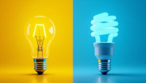 A photograph of a side-by-side comparison of led and fluorescent light bulbs