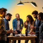 A photograph of a diverse team of professionals engaged in a hands-on lighting training session