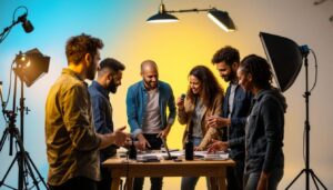A photograph of a diverse team of professionals engaged in a hands-on lighting training session