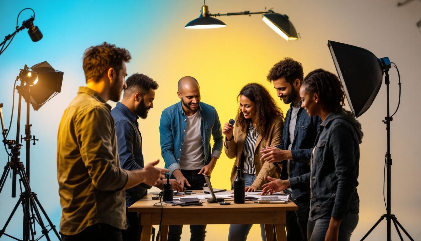 A photograph of a diverse team of professionals engaged in a hands-on lighting training session