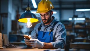 A photograph of a skilled lighting contractor examining a beautifully crafted made in usa lamp in a well-lit workspace