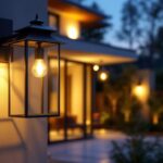 A photograph of a beautifully designed lantern post light illuminating a contemporary outdoor setting