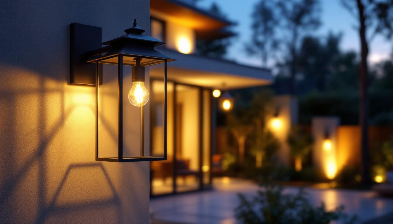 A photograph of a beautifully designed lantern post light illuminating a contemporary outdoor setting