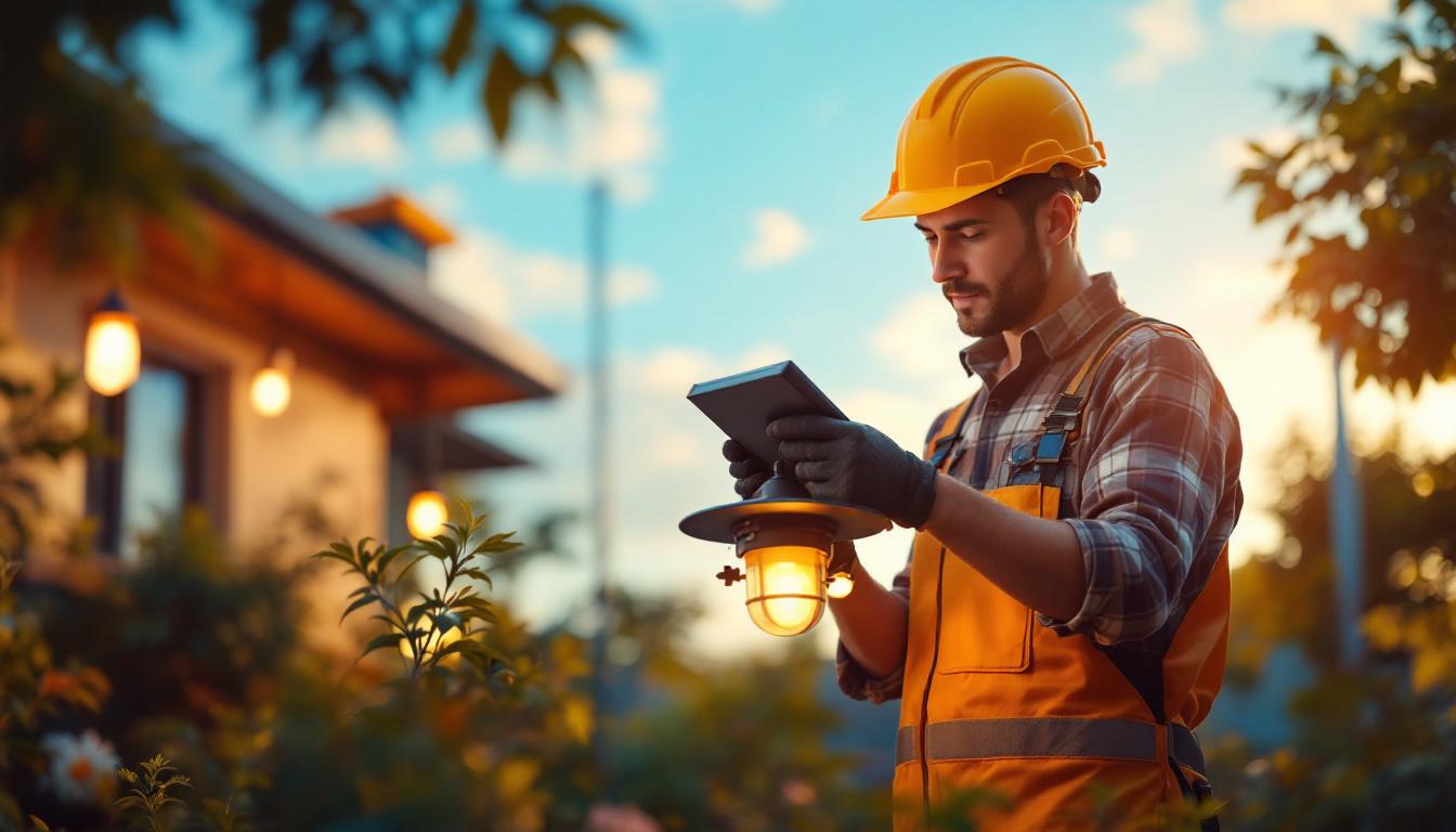A photograph of a skilled lighting contractor installing solar-powered lights in a vibrant outdoor setting