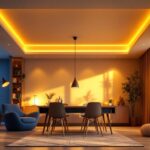 A photograph of a well-lit room showcasing halogen can lights installed in the ceiling