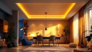 A photograph of a well-lit room showcasing halogen can lights installed in the ceiling