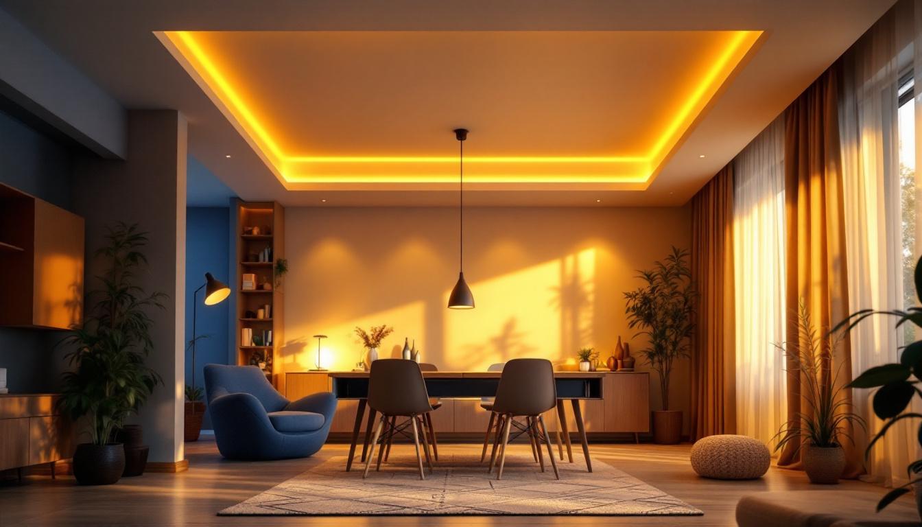 A photograph of a well-lit room showcasing halogen can lights installed in the ceiling