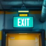 A photograph of a well-lit led exit light installed in a commercial setting