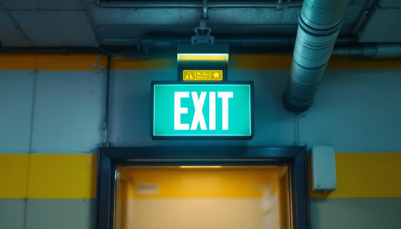 A photograph of a well-lit led exit light installed in a commercial setting
