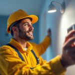 A photograph of a skilled lighting contractor in action