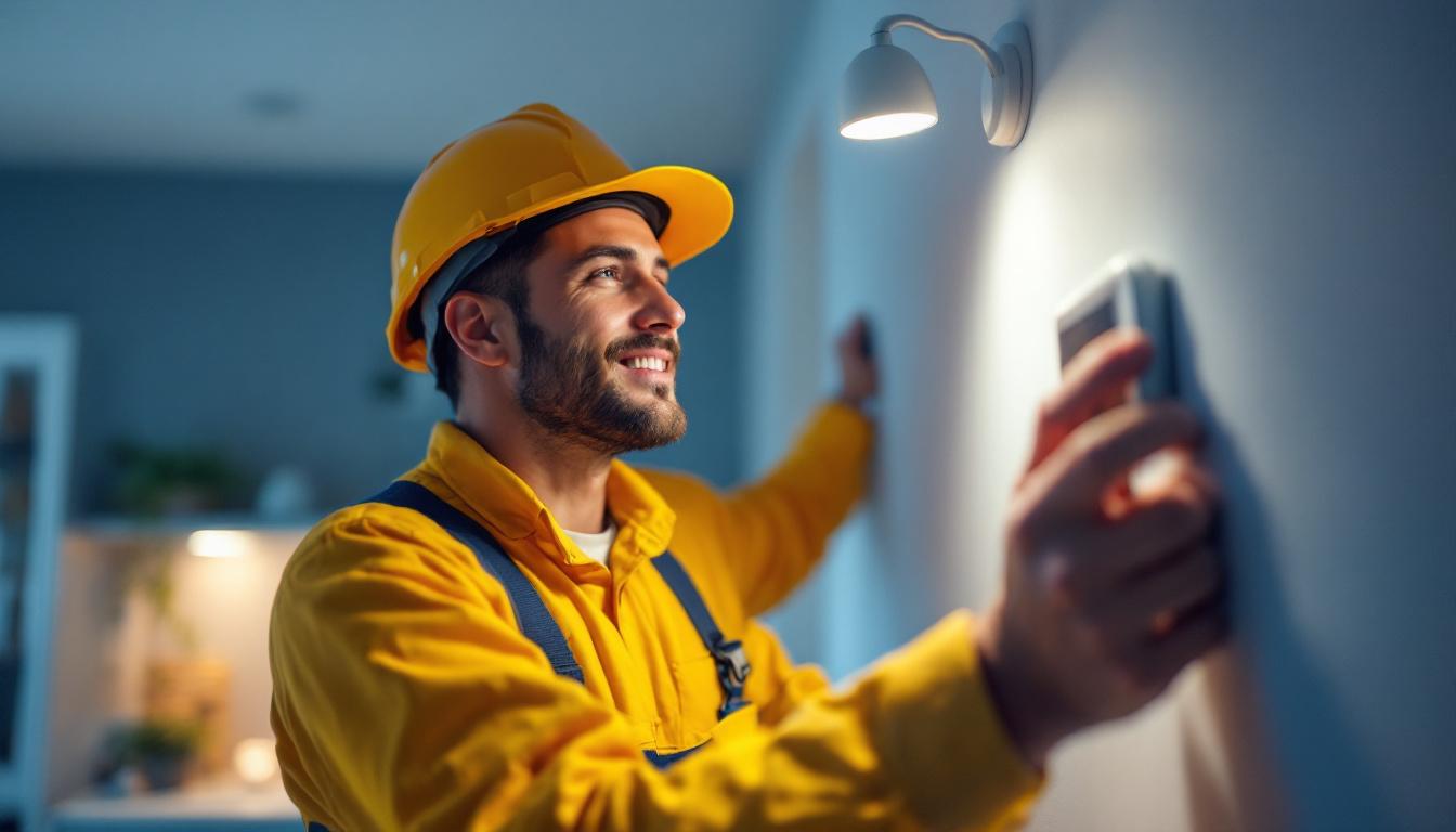 A photograph of a skilled lighting contractor in action