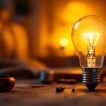 A photograph of a close-up of a flickering lightbulb in a cozy home setting