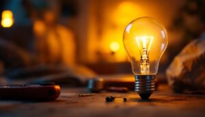 A photograph of a close-up of a flickering lightbulb in a cozy home setting