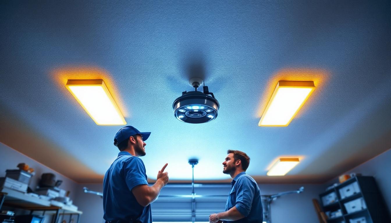 A photograph of a well-lit garage ceiling featuring modern led lights