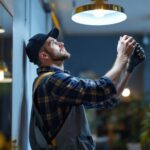 A photograph of a lighting contractor at work