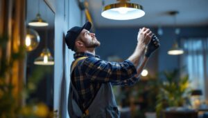 A photograph of a lighting contractor at work