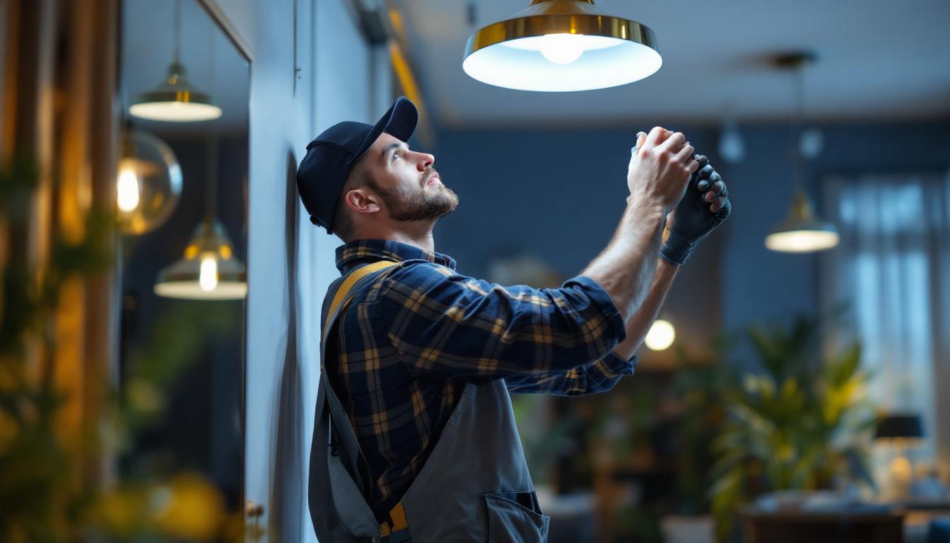 A photograph of a lighting contractor at work
