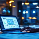 A photograph of a designer or contractor working intently on a digital lighting layout tool on a laptop