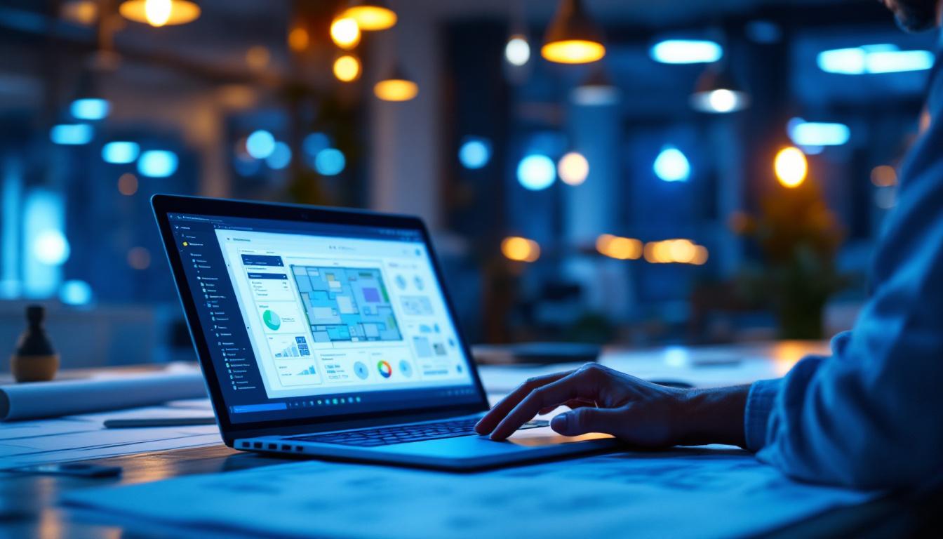 A photograph of a designer or contractor working intently on a digital lighting layout tool on a laptop