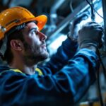 A photograph of a lighting contractor expertly installing or adjusting a sylvania ballast in a commercial or industrial setting
