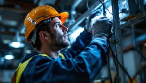 A photograph of a lighting contractor expertly installing or adjusting a sylvania ballast in a commercial or industrial setting