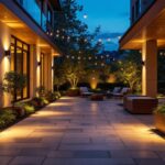 A photograph of a well-lit modern patio at dusk