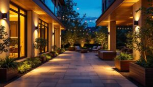 A photograph of a well-lit modern patio at dusk