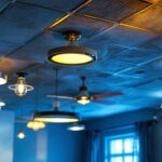 A photograph of a well-lit basement space showcasing various stylish ceiling lamps