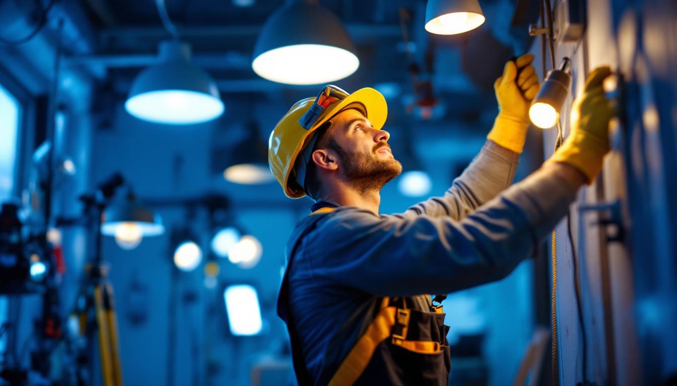 A photograph of a skilled lighting contractor at work