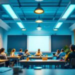 A photograph of a well-lit classroom featuring modern lighting fixtures