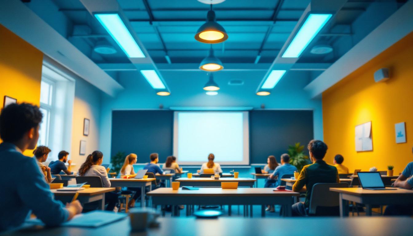 A photograph of a well-lit classroom featuring modern lighting fixtures