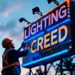 A photograph of a vibrant led-lit signage installation at dusk