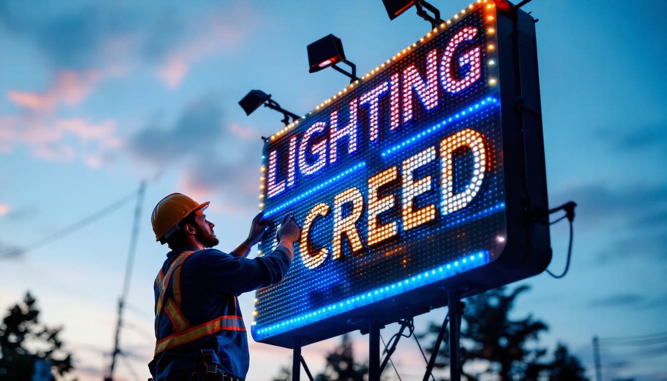 A photograph of a vibrant led-lit signage installation at dusk