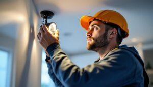 A photograph of a lighting contractor installing or adjusting 4-inch can lights in a modern residential setting