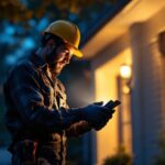 A photograph of a professional lighting contractor installing exterior halogen flood lights on a residential property during dusk