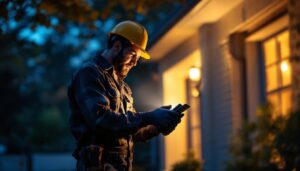 A photograph of a professional lighting contractor installing exterior halogen flood lights on a residential property during dusk