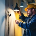 A photograph of a lighting contractor at work