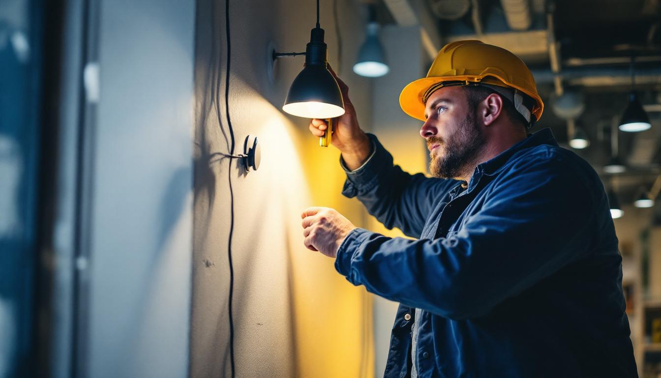 A photograph of a lighting contractor at work