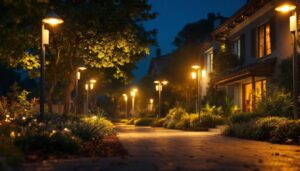 A photograph of a well-lit outdoor space showcasing various photo cell lights in action during dusk