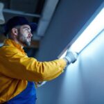 A photograph of a lighting contractor installing a sleek surface-mounted linear light fixture in a modern interior space