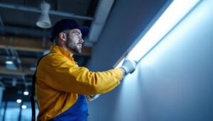 A photograph of a lighting contractor installing a sleek surface-mounted linear light fixture in a modern interior space