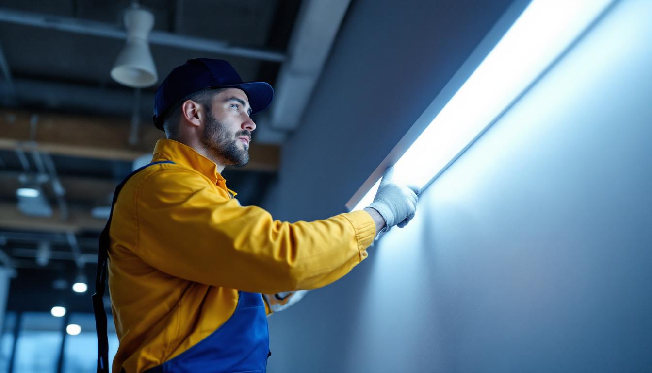 A photograph of a lighting contractor installing a sleek surface-mounted linear light fixture in a modern interior space