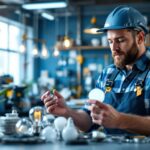 A photograph of a lighting contractor examining a variety of electrical light bulbs in a well-lit workshop